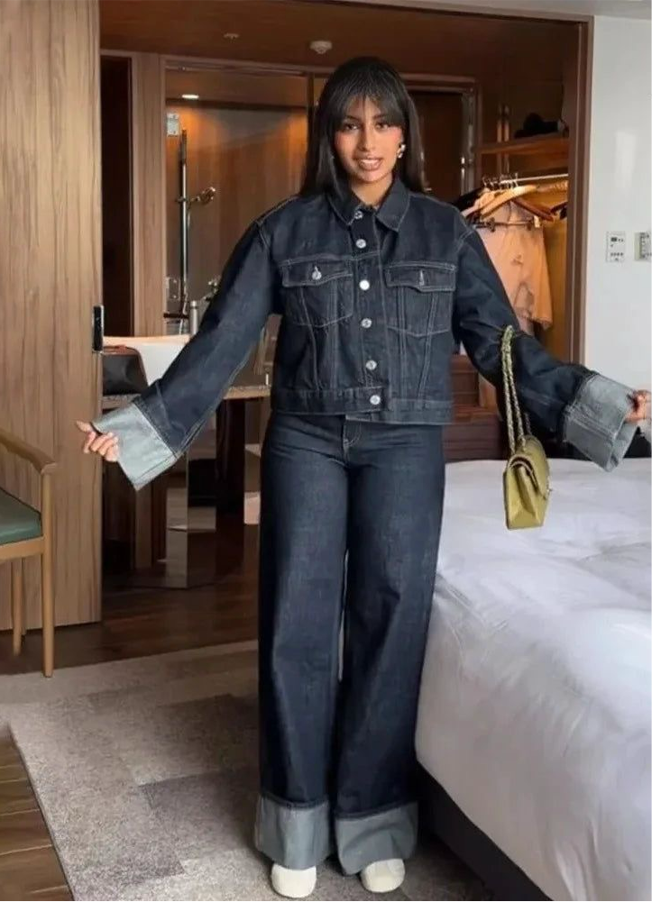 Alevna™ Lorelei - Kollu Denim İki Parçalı Set