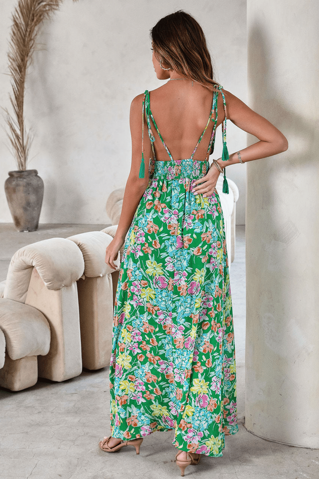 Grace Baskılı Püsküllü Sırtı Açık Maxi Sundress