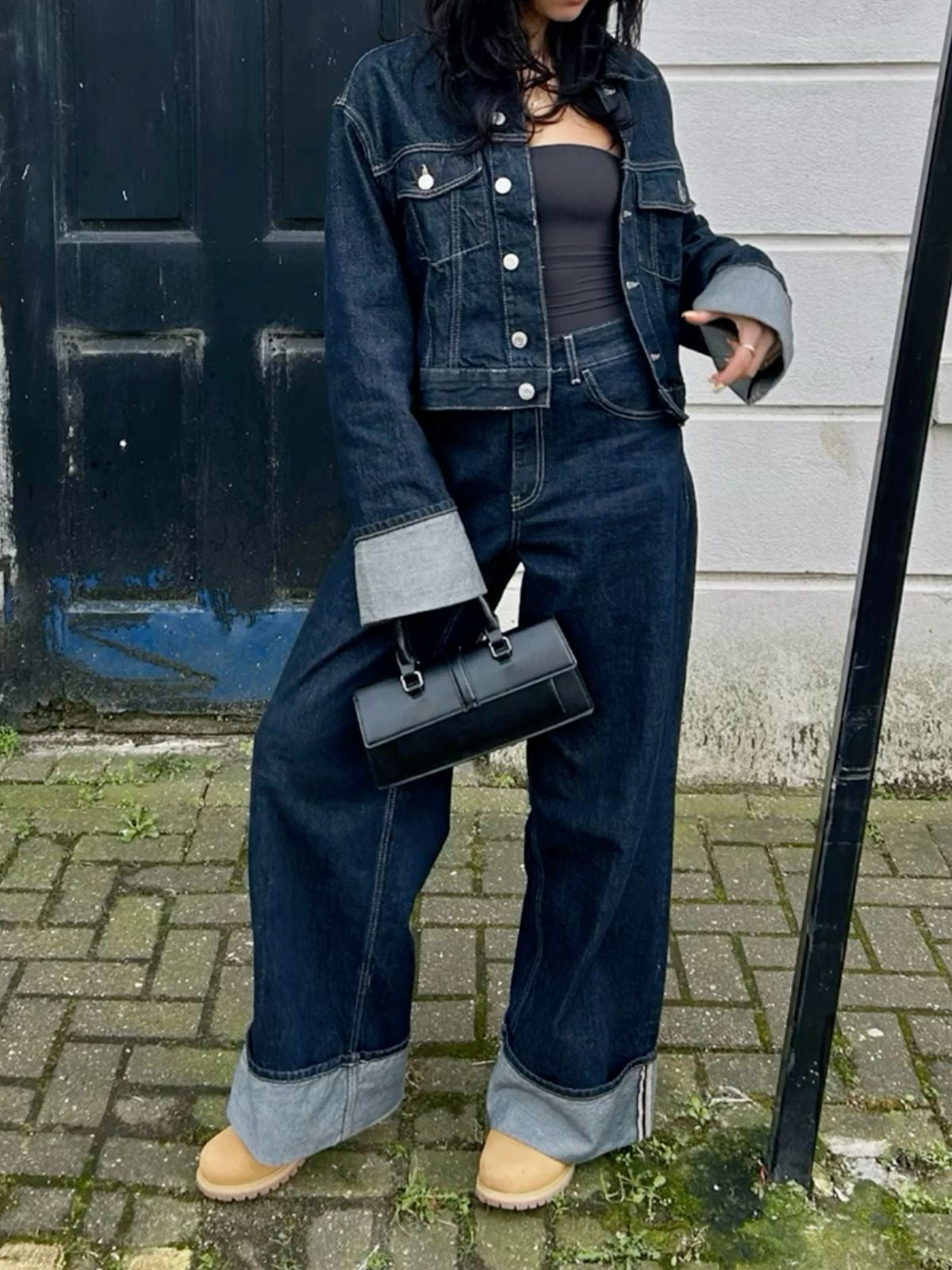 Alevna™ Lorelei - Kollu Denim İki Parçalı Set