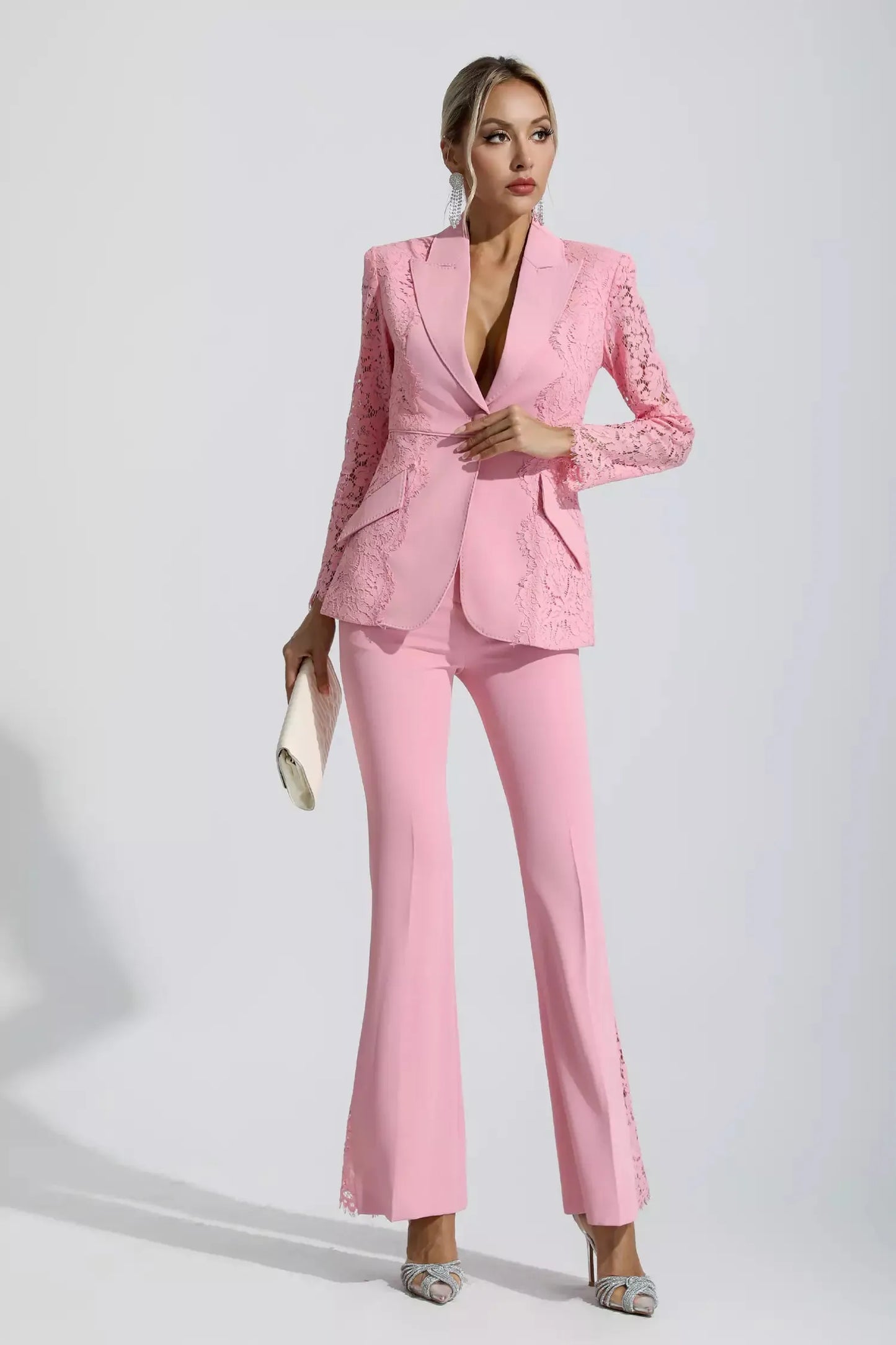 Emory Pembe Çiçekli Dantel Blazer Takım