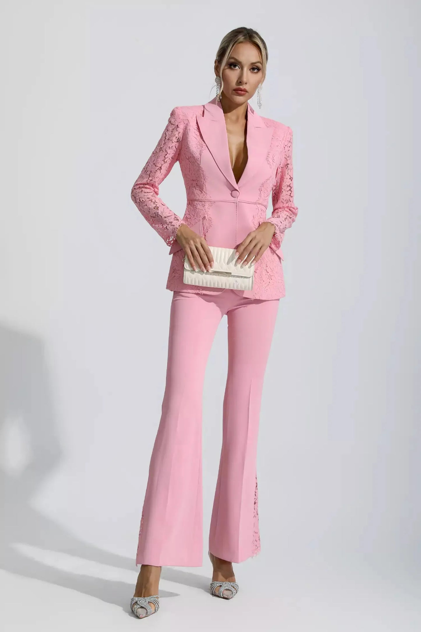 Emory Pembe Çiçekli Dantel Blazer Takım