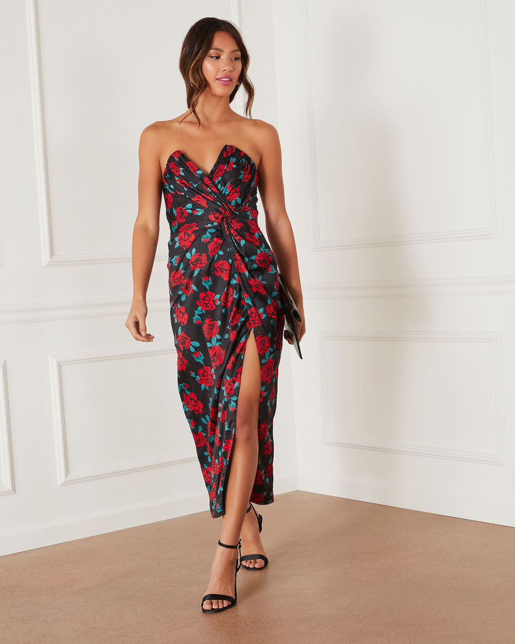 Lovestruck Saten Straplez Çiçekli Midi Elbise