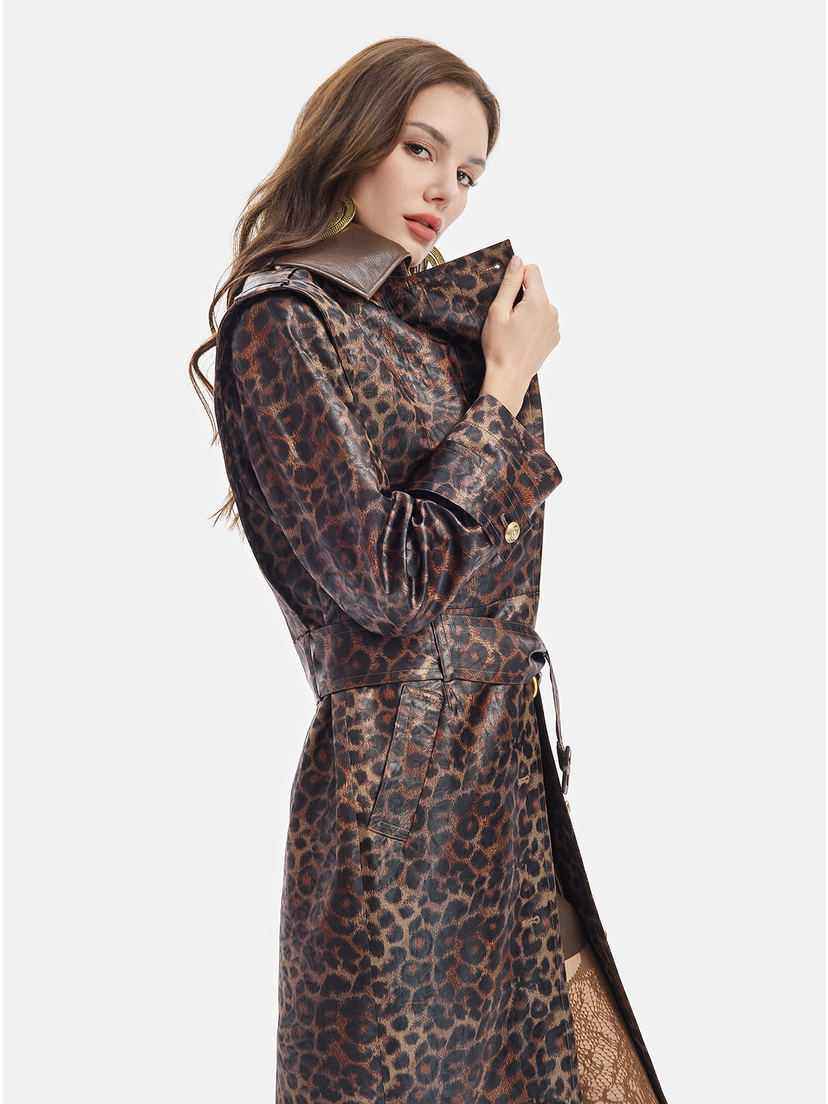 Leopar Desenli Çıkarılabilir Yaka Kaban