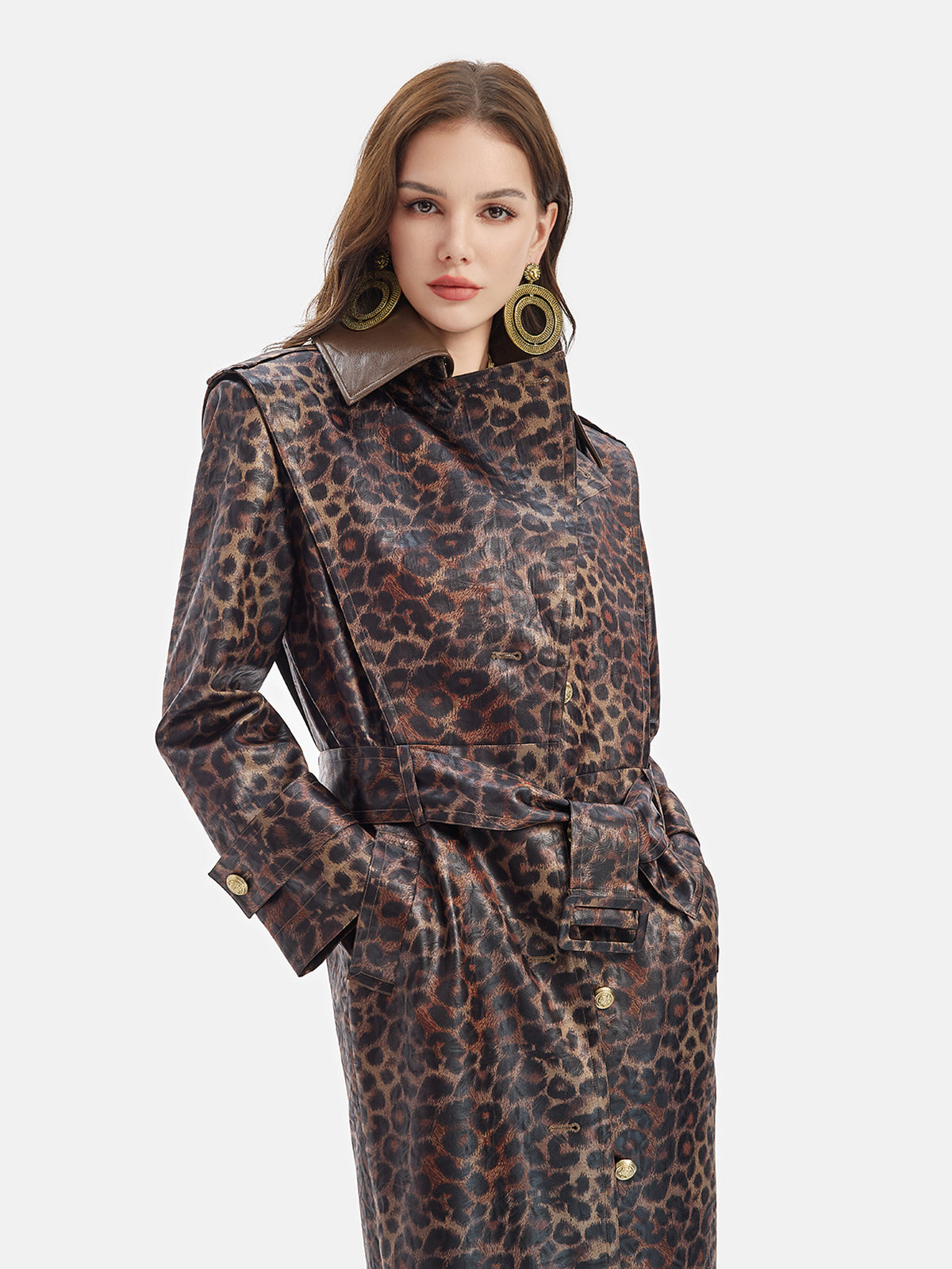 Leopar Desenli Çıkarılabilir Yaka Kaban