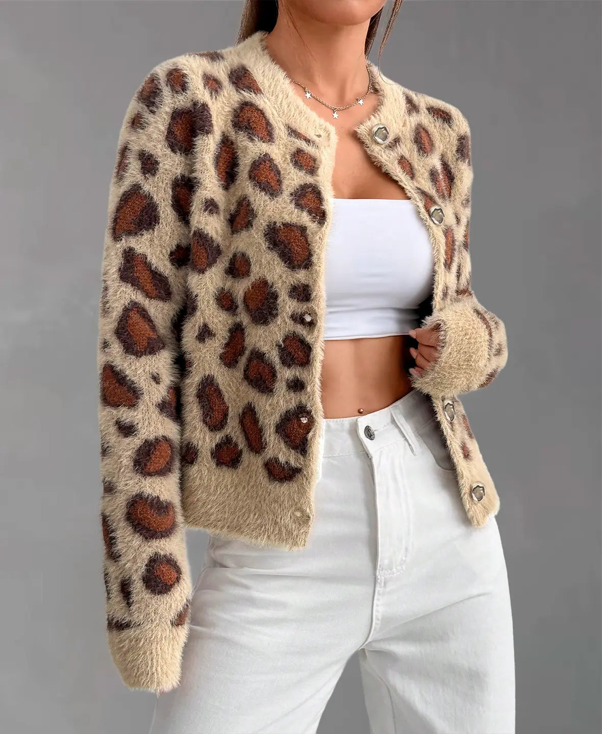Alevna™ Leopar Desenli Tüylü Triko Hırka