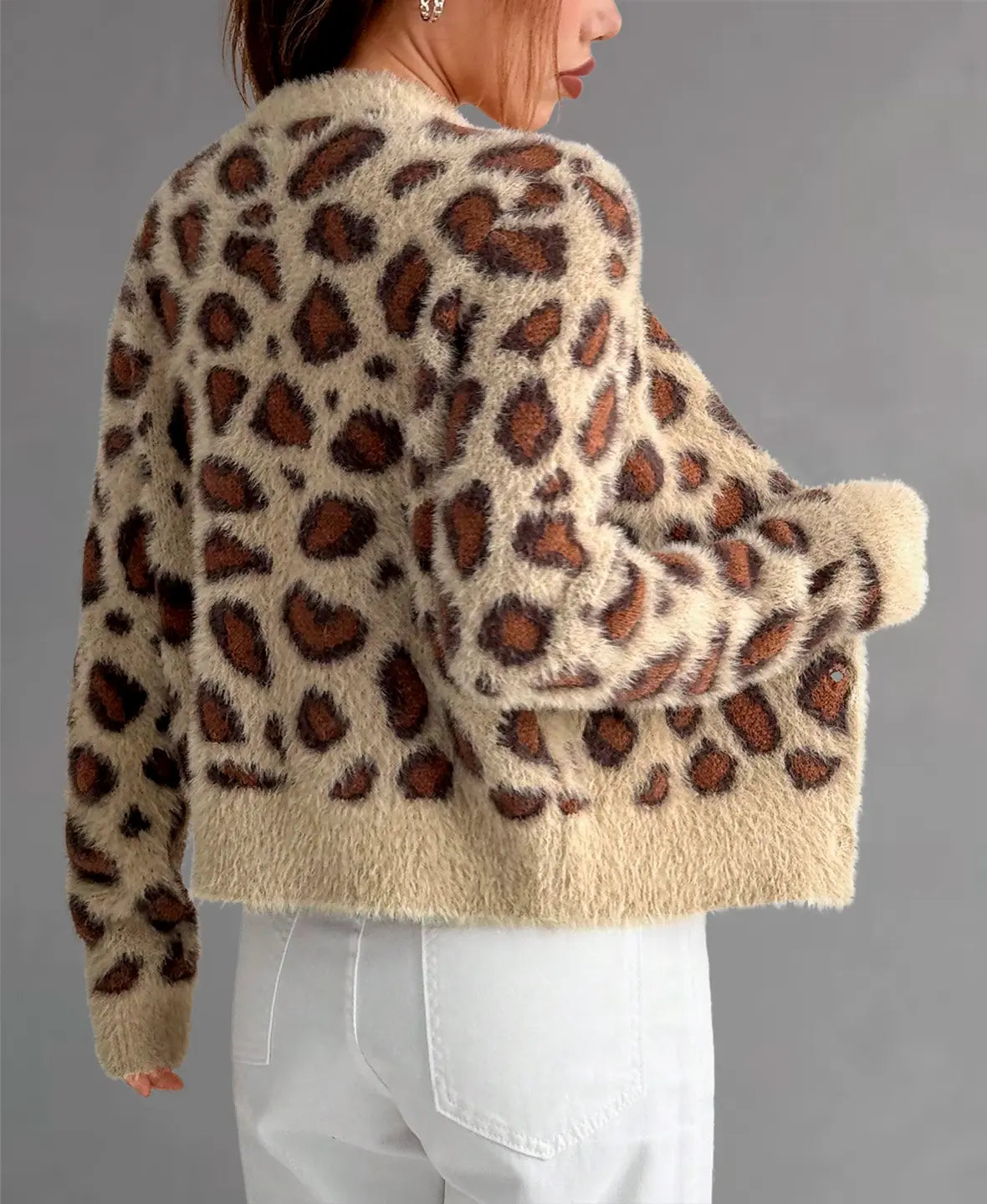Alevna™ Leopar Desenli Tüylü Triko Hırka