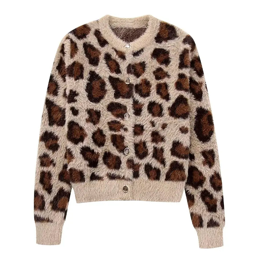 Alevna™ Leopar Desenli Tüylü Triko Hırka
