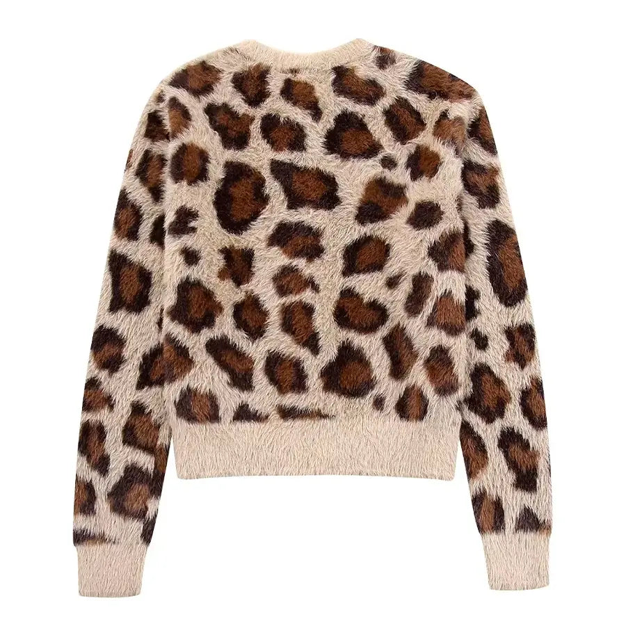 Alevna™ Leopar Desenli Tüylü Triko Hırka