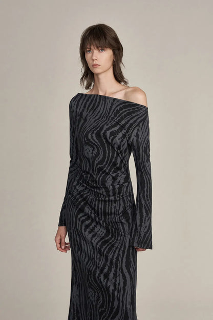 Elise Boat Neck Pleated Dress in High-Stretch Knit