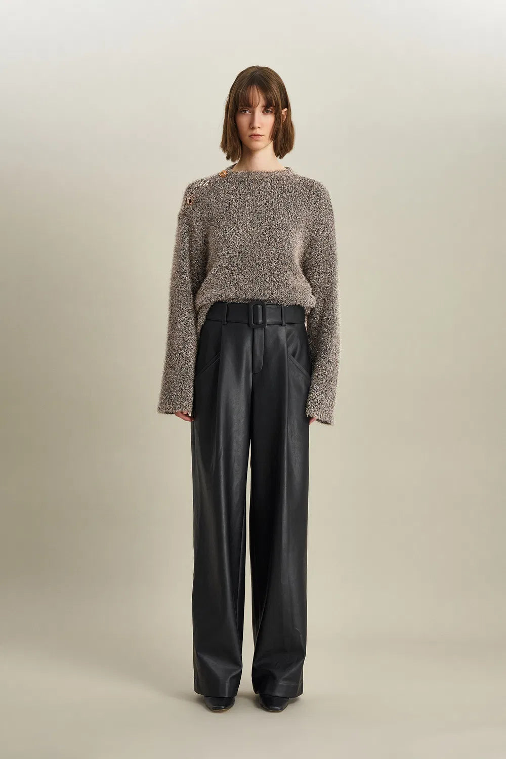 Bitume Belted Straight Leg Baggy Pants in Vegan Leather