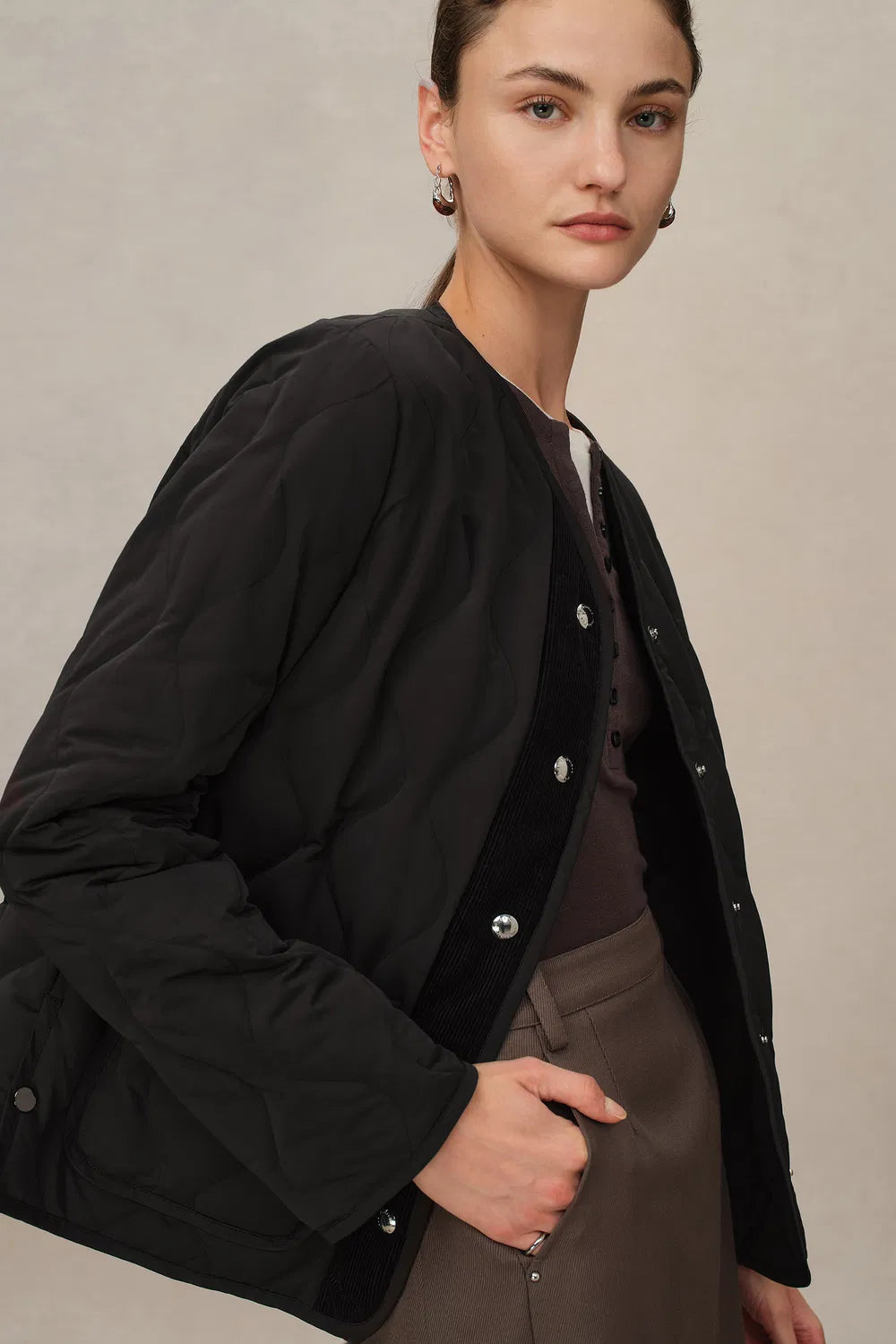 Olivia Black Cropped Lightweight Puffer Jacket in High-Density Water-Repellent Fabric