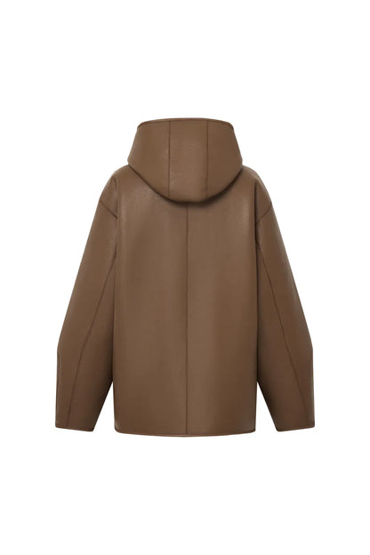 Clémence Shearling Hooded Coat in Vegan Leather and Wool Blend