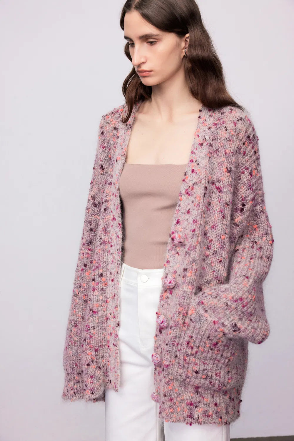 Meigma Button-Up Cardigan in Long-Hair Fancy Yarn