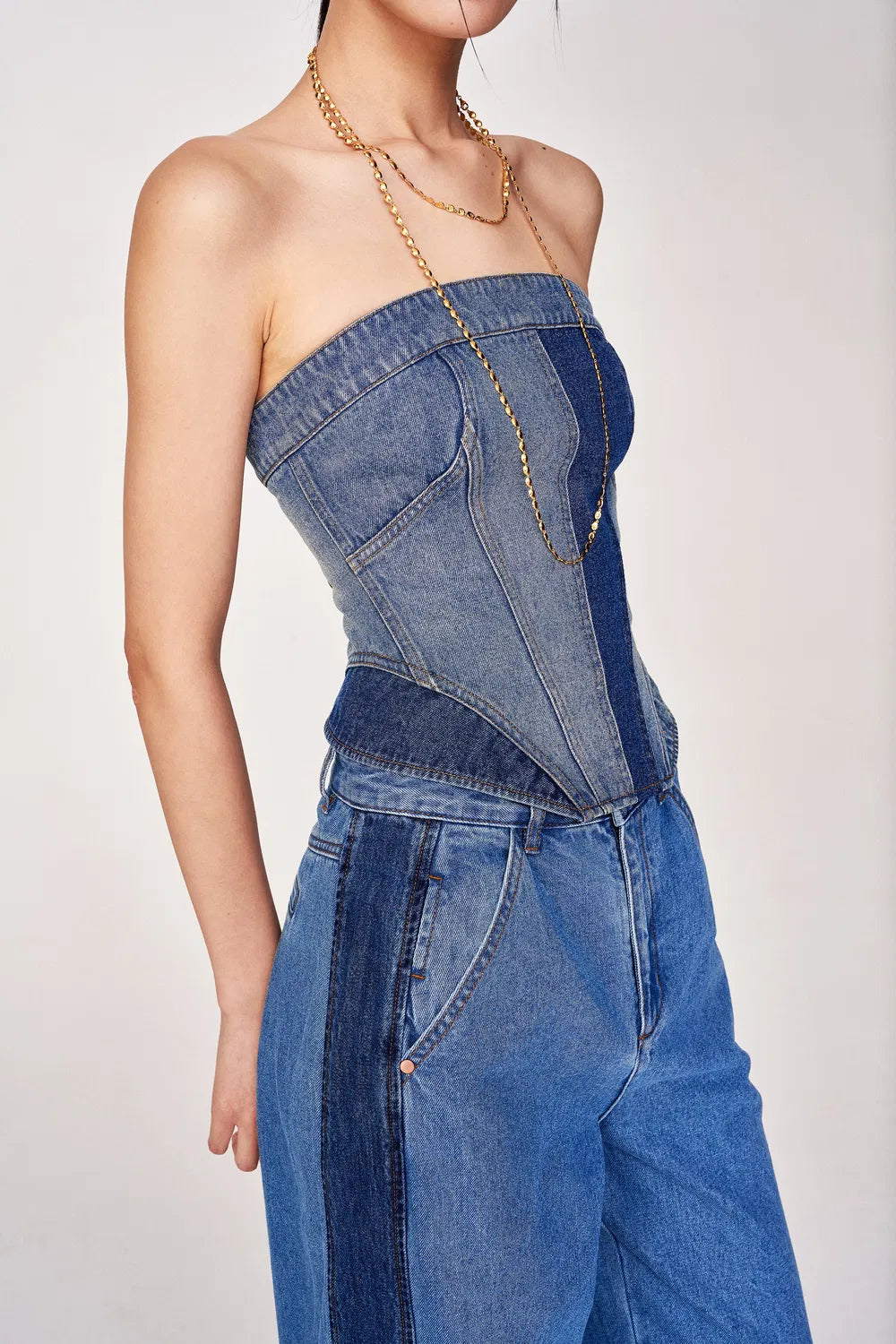 Calypso Patchwork Bustier in Cotton Denim