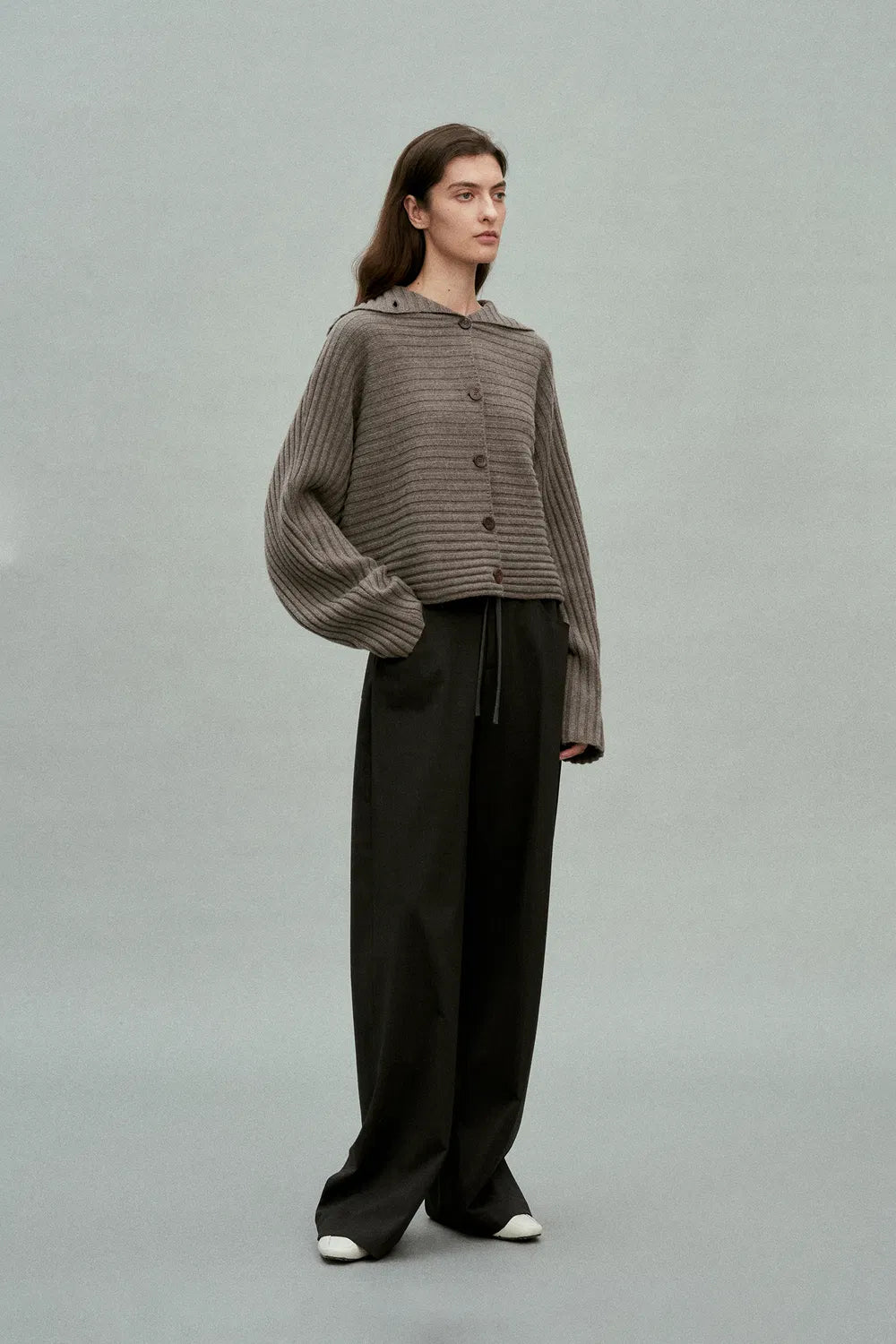 Charlotte Turtleneck Ribbed Knit Cardigan in Merino Wool-Cashmere