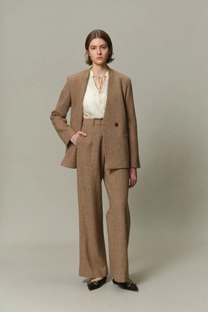 Eleanor Double Breasted Blazer in Flecked Wool Twill