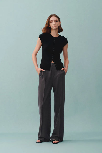 Domi Dark Grey Buttoned Straight Leg Sweatpants in Tencel-Wool Blend