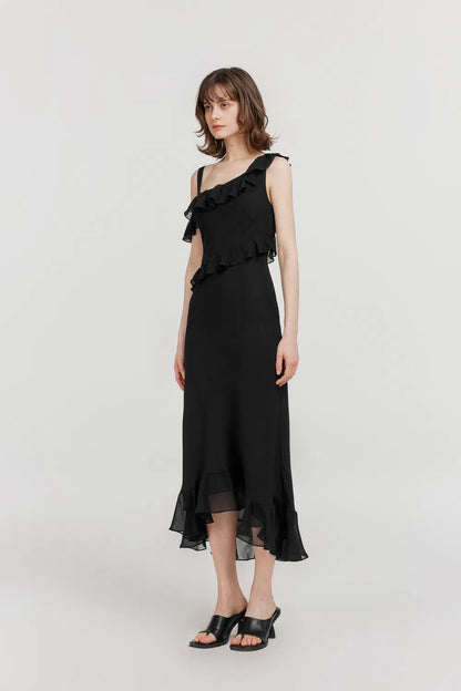 Calla Asymmetrical Ruffle Dress in Georgette Silk