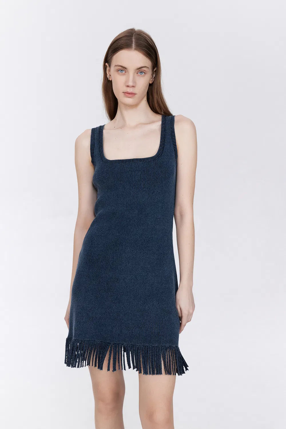 Victoria Fringed Hem Dress in Cotton Blend Knit