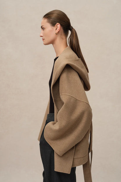 Lanza Handcrafted Hooded Double-Faced Coat in Camel Hair Blend