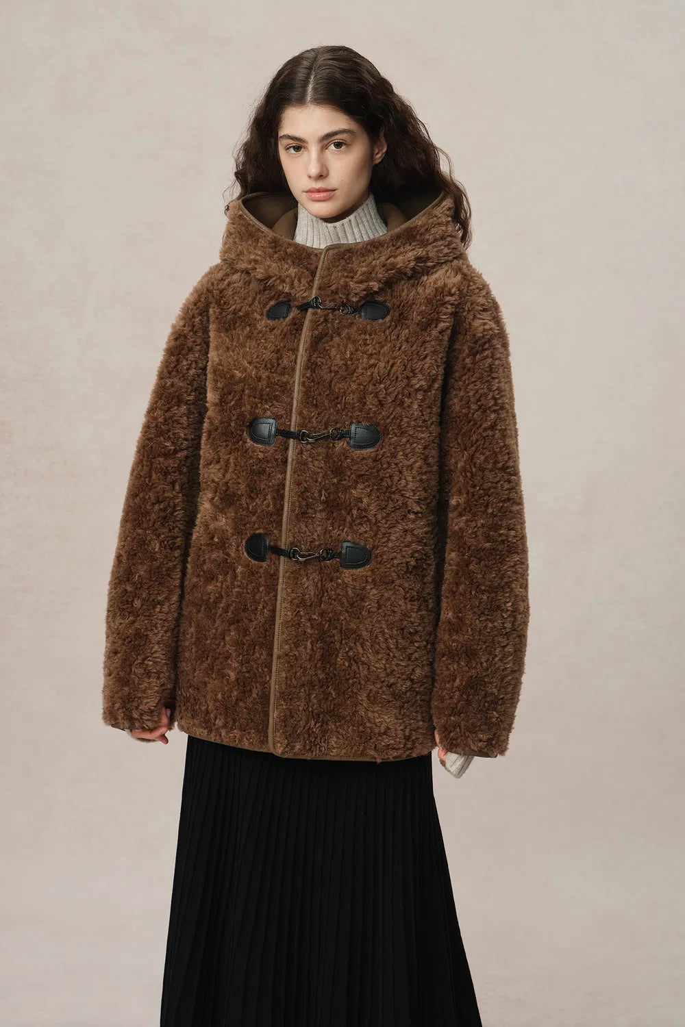 Clémence Shearling Hooded Coat in Vegan Leather and Wool Blend