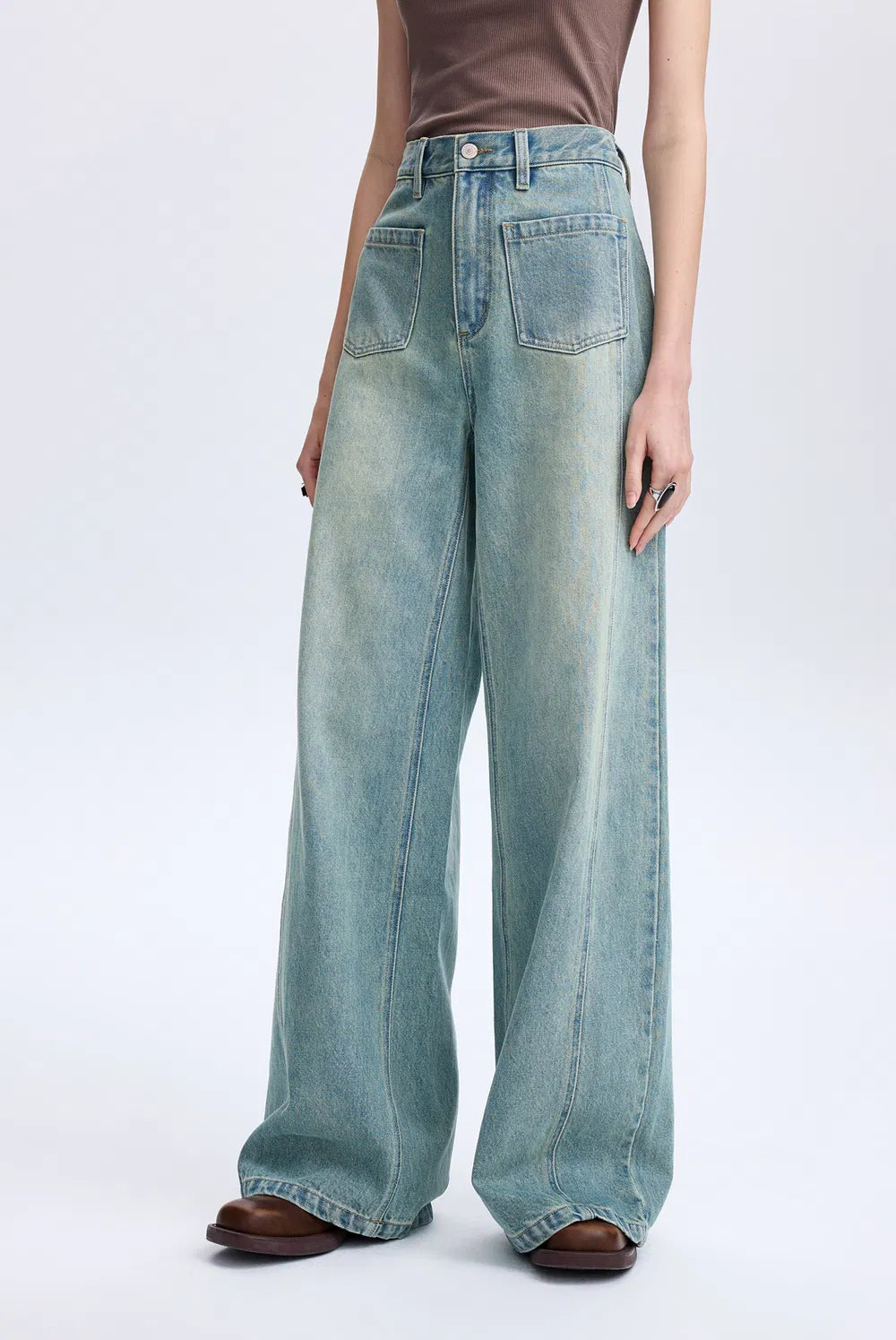 Cheer Patch Pocket Wide Leg Jeans in Washed Cotton Denim