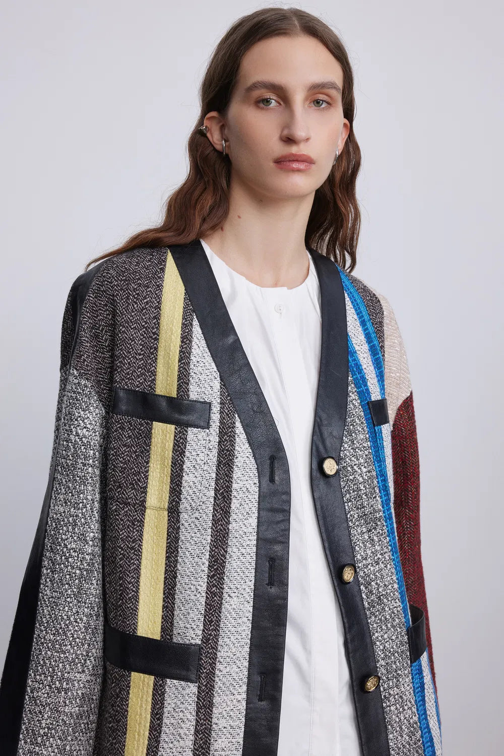 Artisanal Leather Accents Long Coat in Textured Tweed