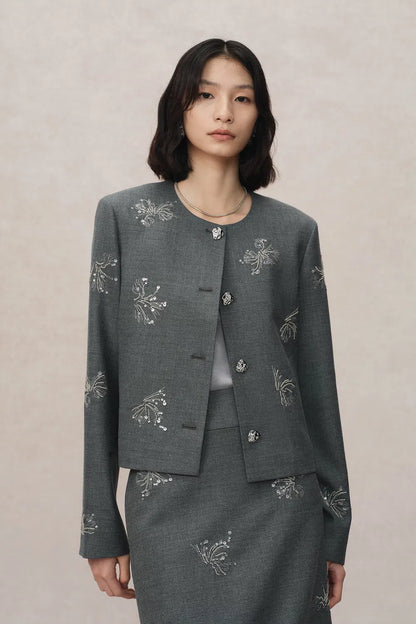 Beading Wrinkle Resistant Embroidered Boxy Tailored Jacket in Fine Worsted Wool