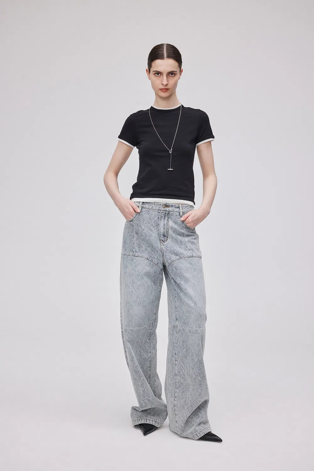 Eliana Textured Patchwork Jeans in Jacquard Washed Denim