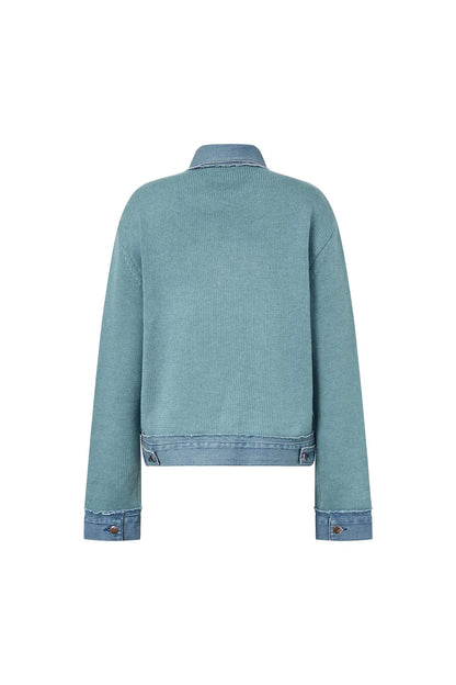 Anemone Blue Knit Jacket in Wool Blend with Denim Accents