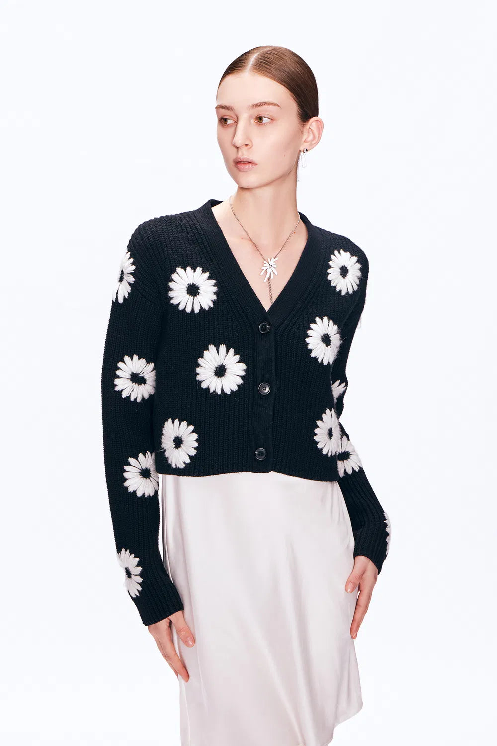 Daisy Embroidered Cardigan in Merino Wool Blend