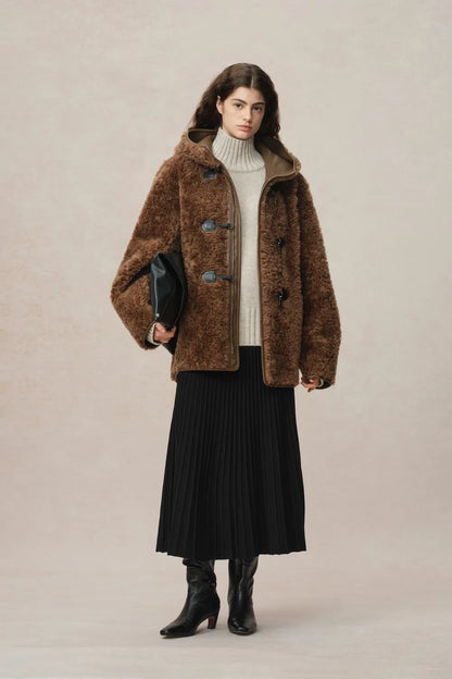 Clémence Shearling Hooded Coat in Vegan Leather and Wool Blend