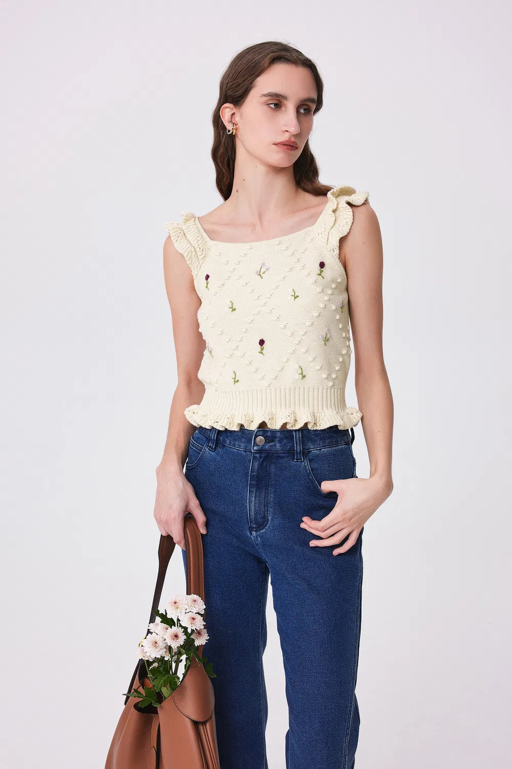 Angie Embroidered Top in Wool Cotton Blend