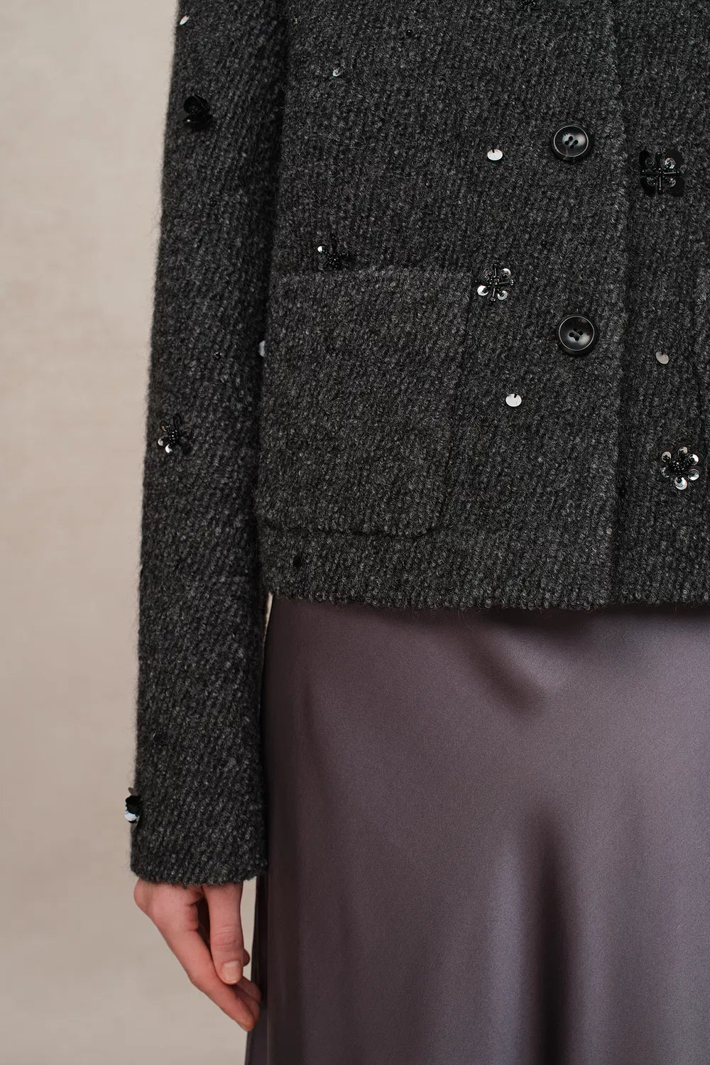 Frenchy Hand-Beaded Sequined Short Jacket in Wool Bouclé Twill