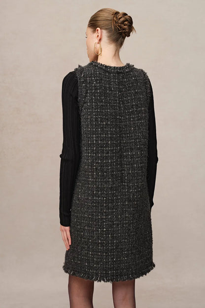 Althea Hand Applied Fringe Floral Dress in Wool Tweed with Metallic Threads