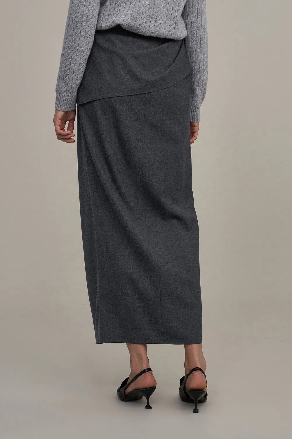 Leona Pleated High Slit Midi Skirt in Fine Worsted Wool