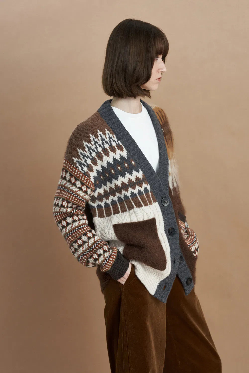 Faye Fair Isle Mixed Yarn Cardigan in Chunky Merino Wool Knit