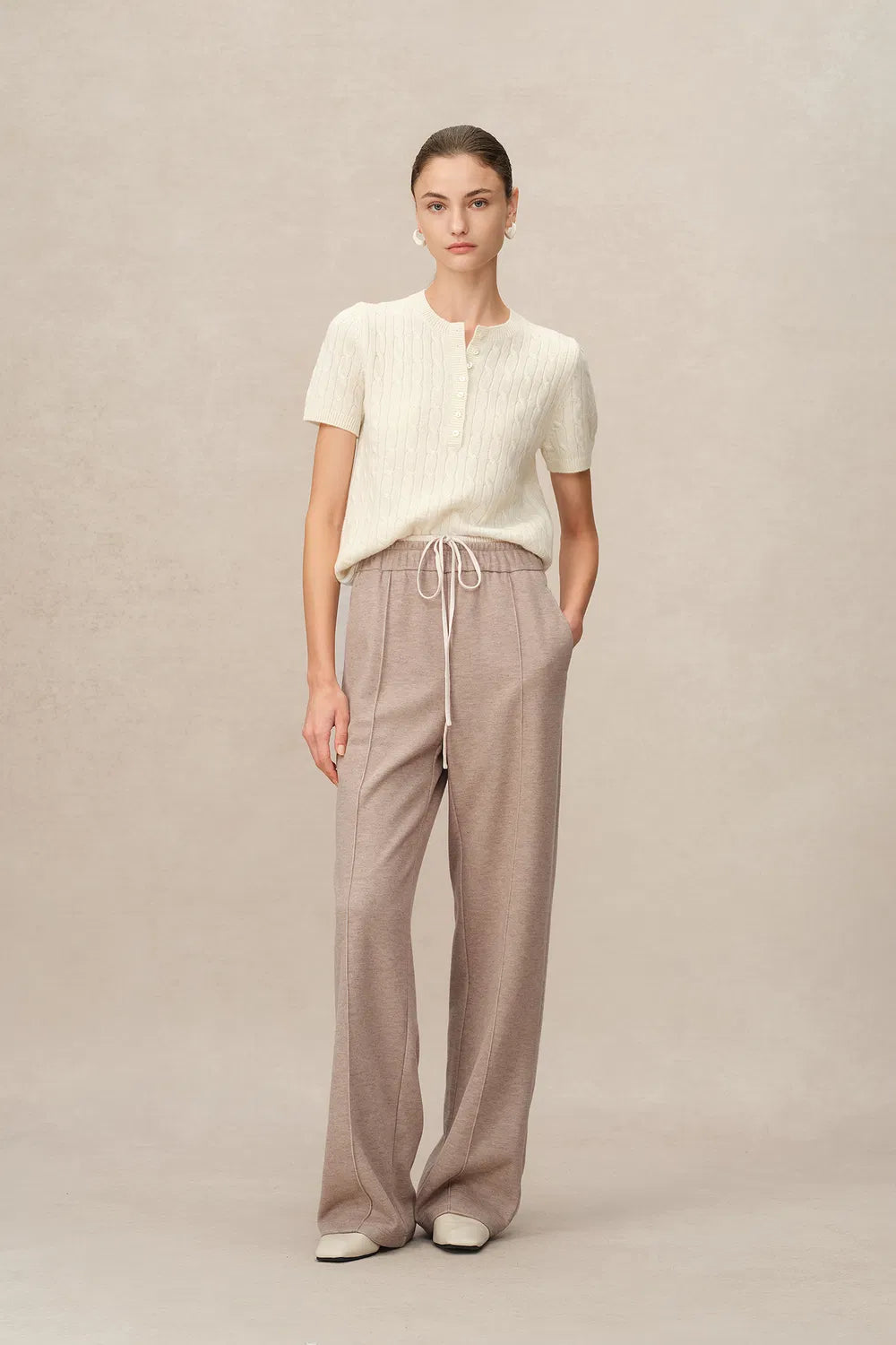 Icy Double Waistband Casual Trousers in Wool Blend Terry Knit