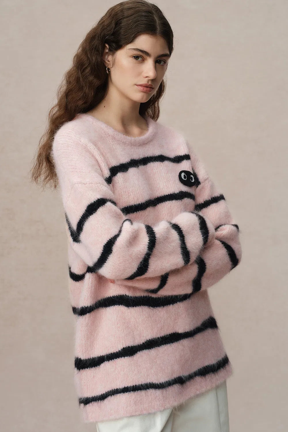 Alannah Striped Pink Sweater in Alpaca Bouclé Knit