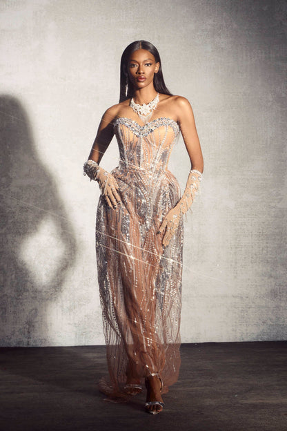 Elaine Diamond Taşlı Korse Transparan Maxi Elbise