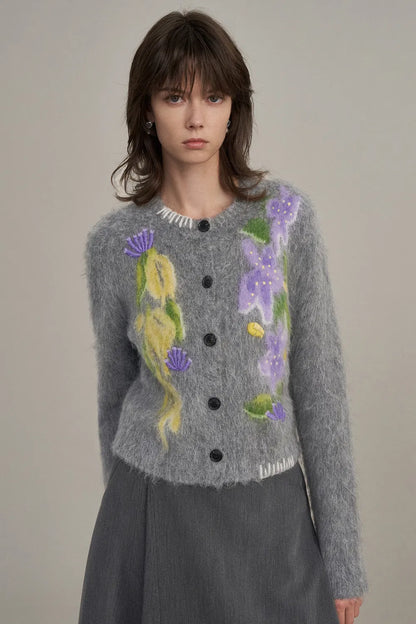 Cymbidium Hand Embroidered Cardigan in Alpaca Blend Knit