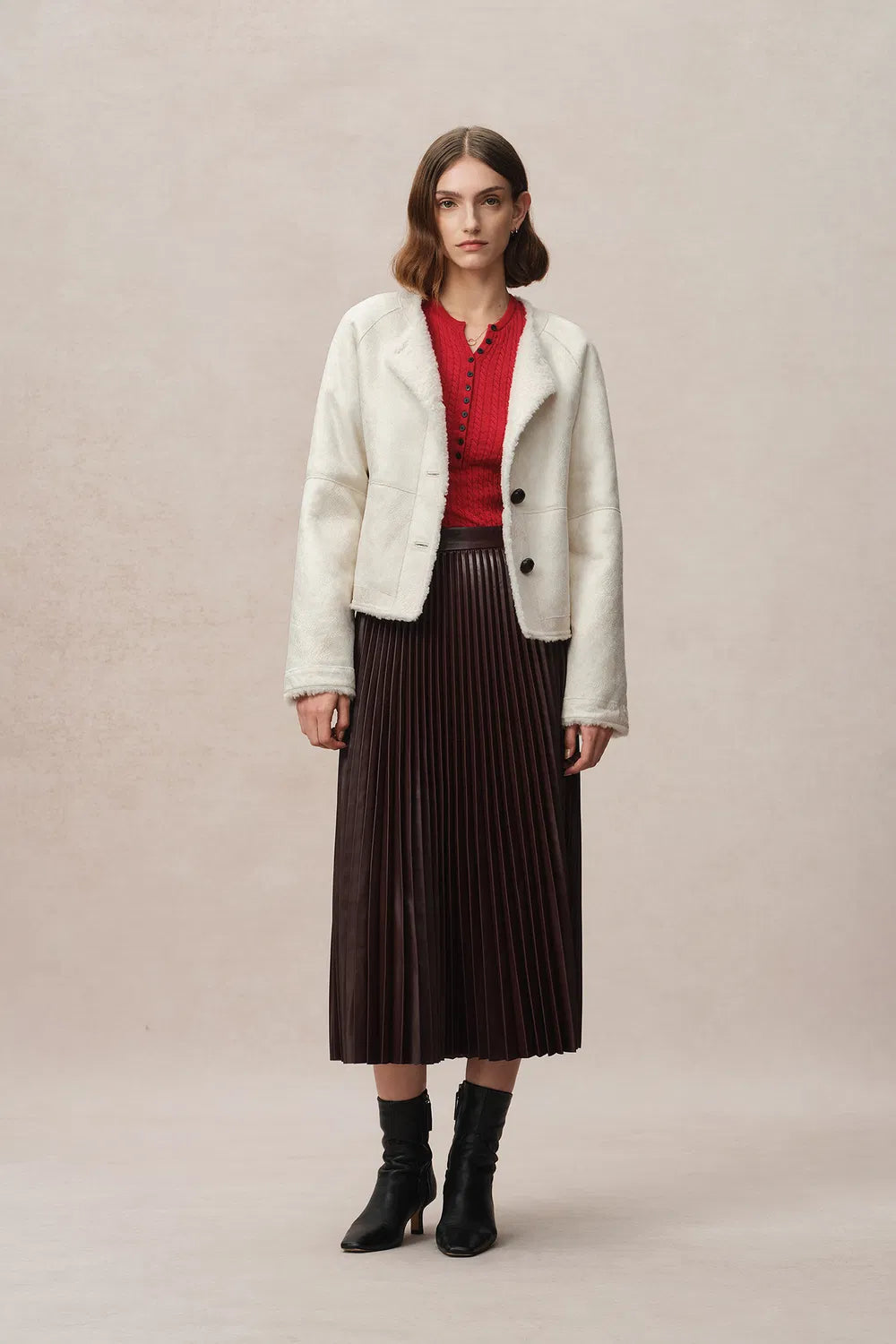 Arran Hand Braided Leather Button Short Coat in Faux Sheepskin