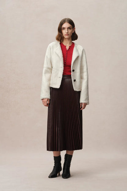 Arran Hand Braided Leather Button Short Coat in Faux Sheepskin