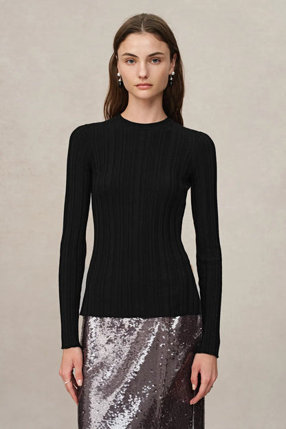 Cara Side Slit Long Sleeve Fitted Top in Merino Wool Yang Yarn Knit