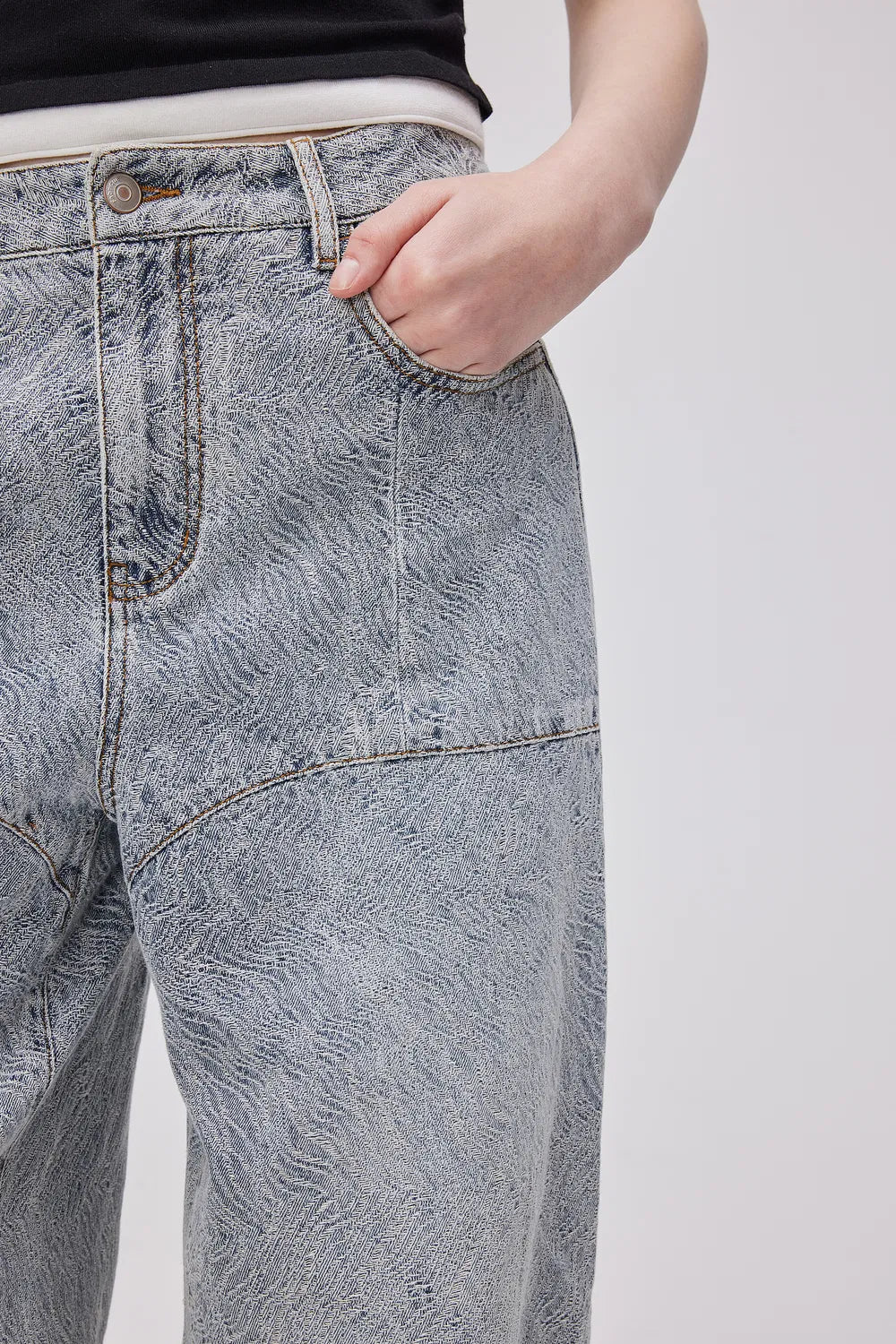 Eliana Textured Patchwork Jeans in Jacquard Washed Denim