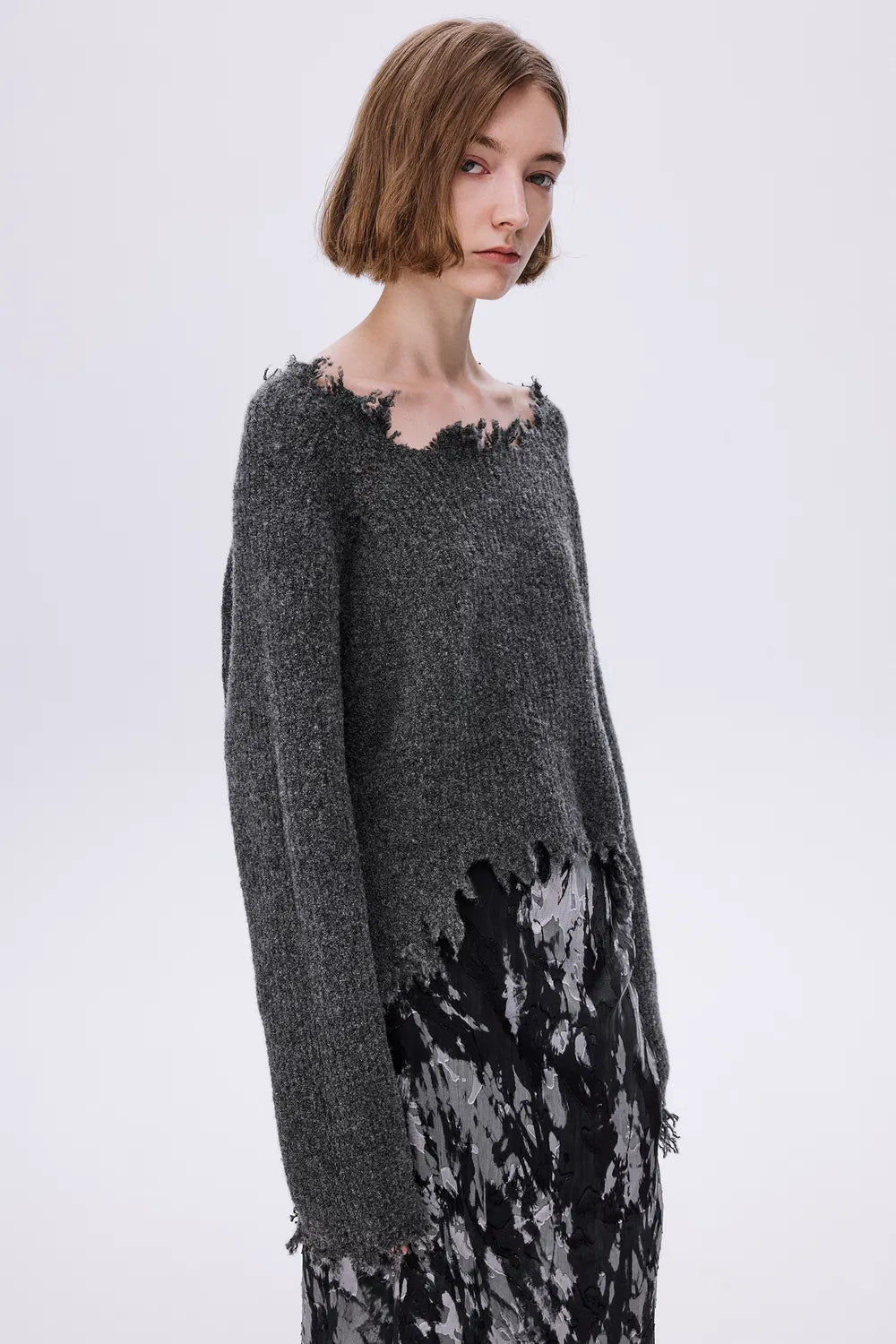 Diya Frayed Edge Sweater in Wool Loop Knit