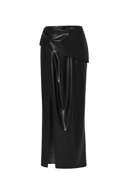 Leona Pleated Slit Skirt in Vegan Leather