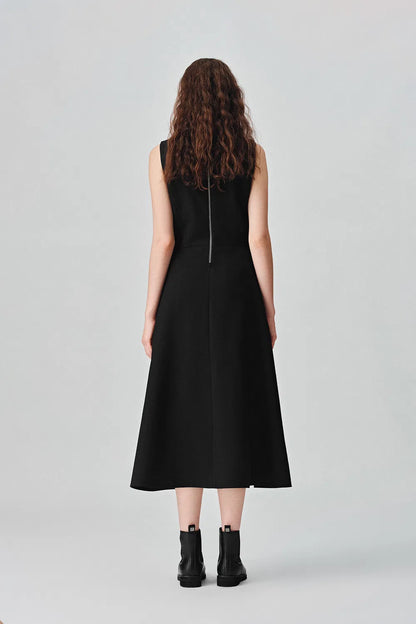 Zaha Pleated A-Line Midi Dress in Wool Blend