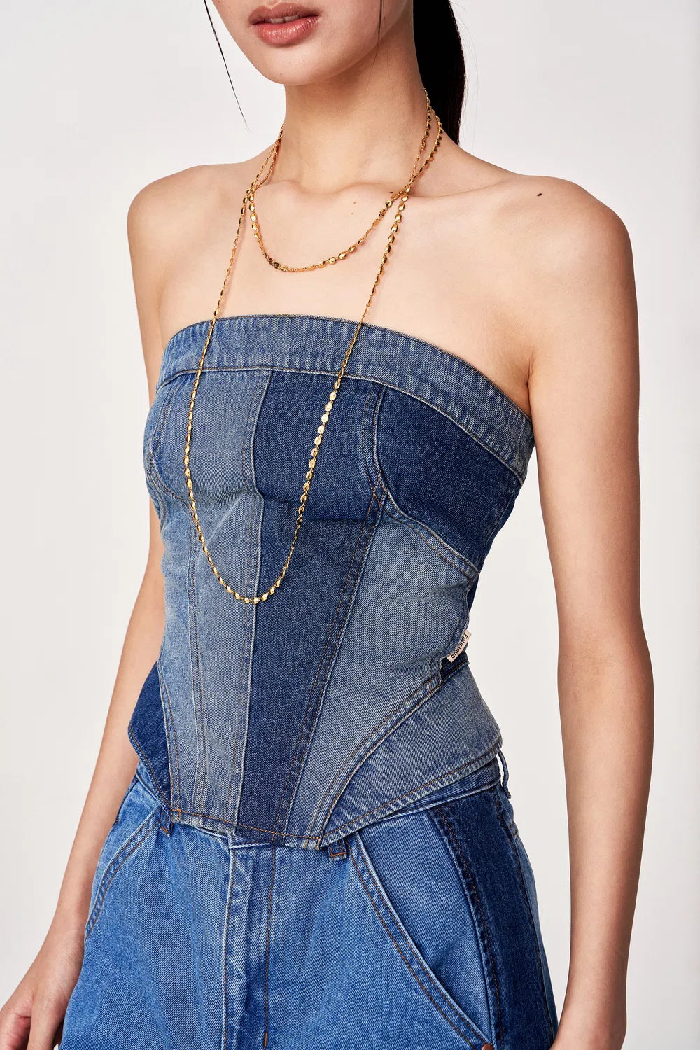 Calypso Patchwork Bustier in Cotton Denim