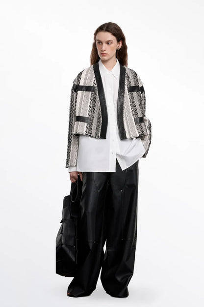 Zhupan Leather-Trimmed Short Coat in Italian Striped Jacquard Tweed